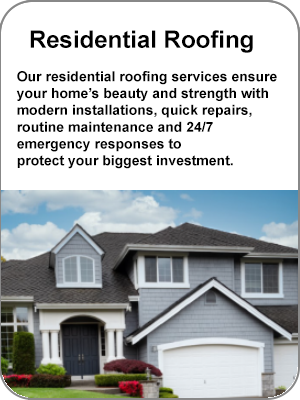 Residential Roofing: Our residential roofing services ensure your home's beauty and strength with modern installations, quick repairs, routine maintenance and 24/7 emergency responses to protect your biggest investment